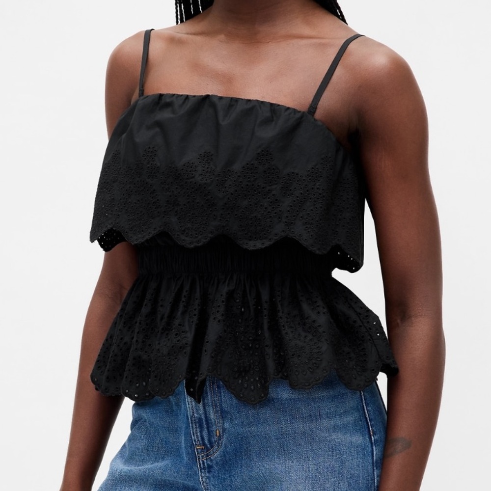 Black Lace Trim Poplin Eyelet Ruffle Top Size Small Petite